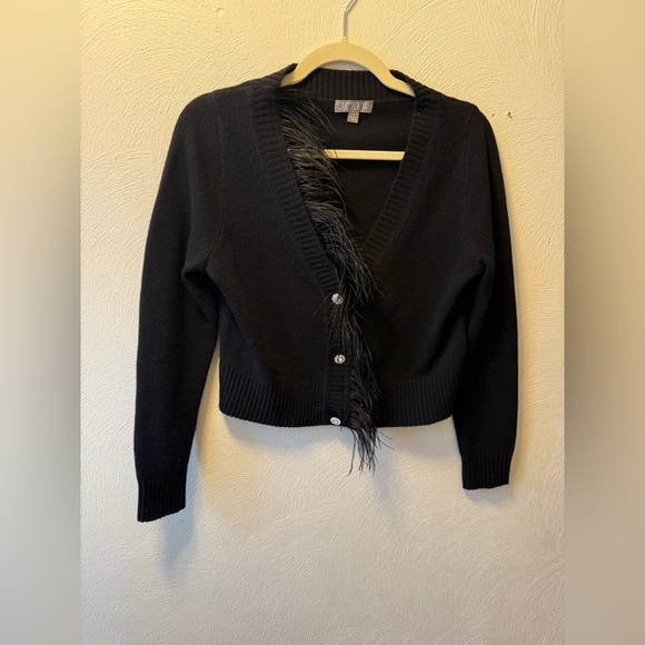 J.Crew Black Cashmere Wool Feather Trim Cropped Cardigan Sweater - Picture 2 of 5